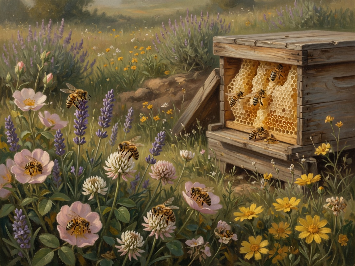 A painterly image of honeybees among lavender, clover, and
         wild roses, beside a weathered wooden hive with exposed
         honeycomb.